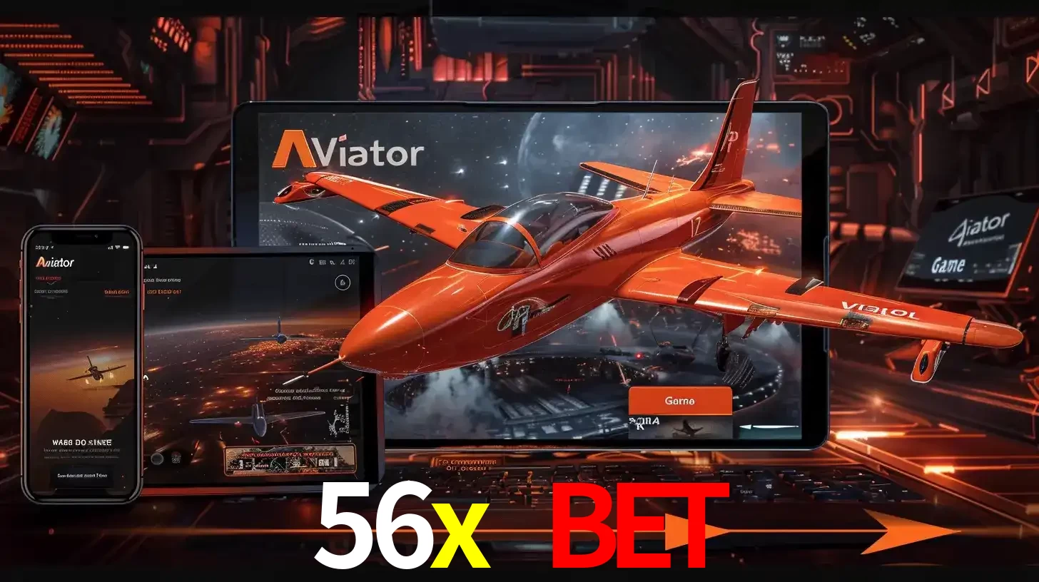 Apresentação tecnológica do jogo Aviator com um avião saindo da tela de um tablet, demonstrando a experiência imersiva em múltiplos dispositivos no 56x bet.