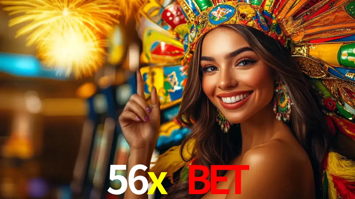 Mulher sorridente com um cocar de carnaval vibrante e colorido, celebrando uma grande vitória nos jogos do cassino 56x bet com fogos de artifício ao fundo.