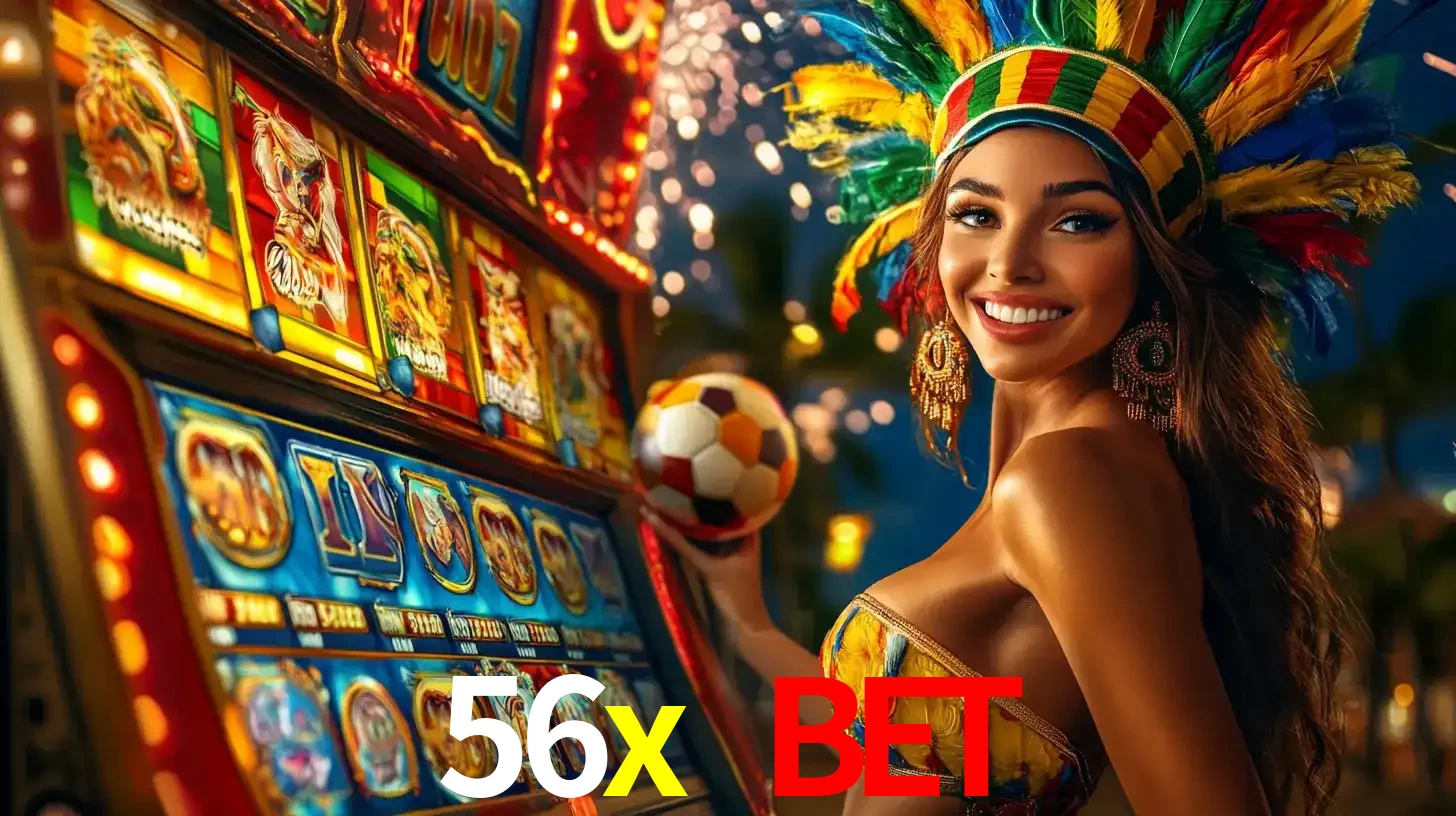 Mulher com um cocar de carnaval ao lado de uma máquina de caça-níqueis enquanto segura uma bola de futebol, mostrando a união da diversão de cassino e esportes no 56x bet.