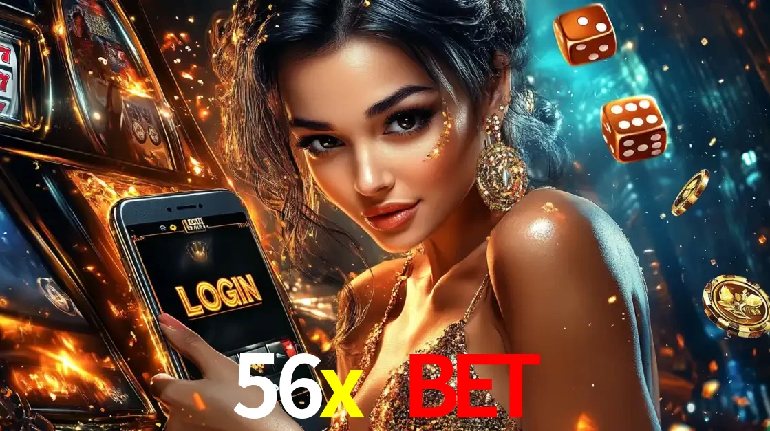 Mulher glamourosa segurando um celular com a tela de login do cassino 56x bet, rodeada por dados e moedas douradas, pronta para começar a diversão.