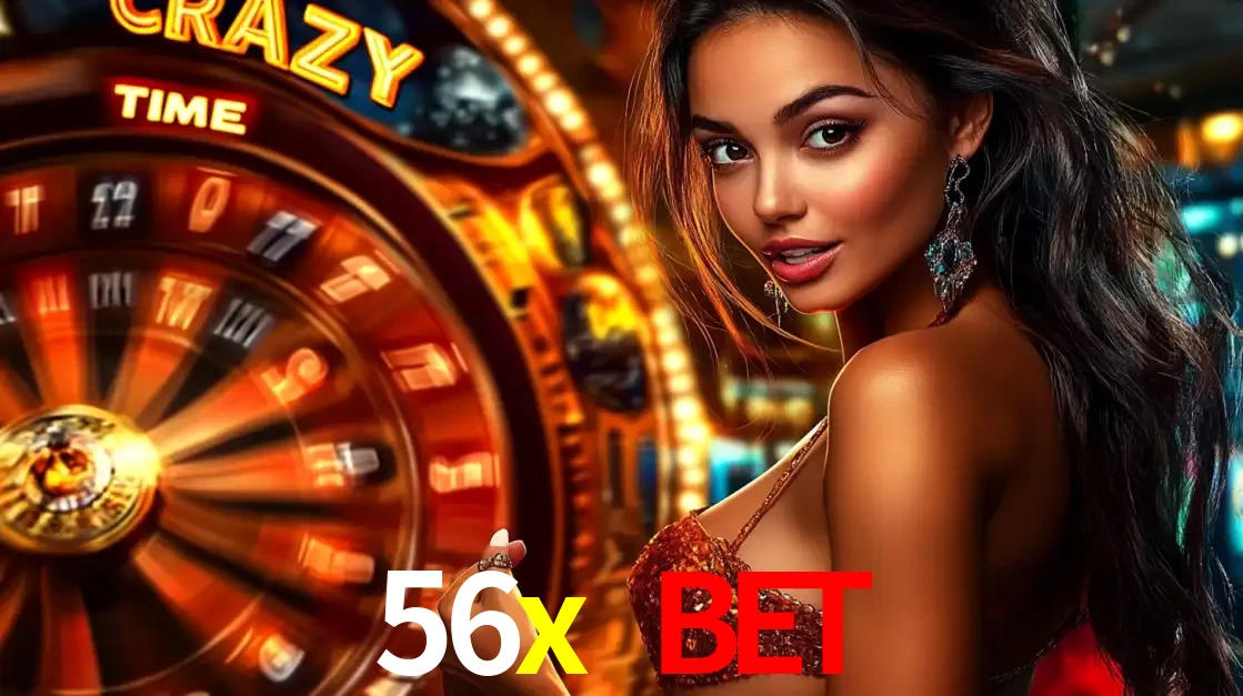 Mulher ao lado da roda de prêmios do jogo de cassino ao vivo Crazy Time, um dos shows de jogos mais emocionantes oferecidos pela plataforma de apostas 56x bet.