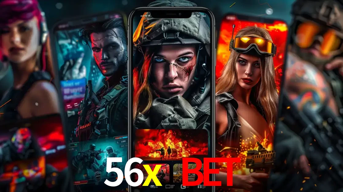 Montagem de telas de celular mostrando diversos personagens, masculinos e femininos, de um jogo de tiro, ilustrando a diversidade de equipes de e-sports para apostar no 56x bet.