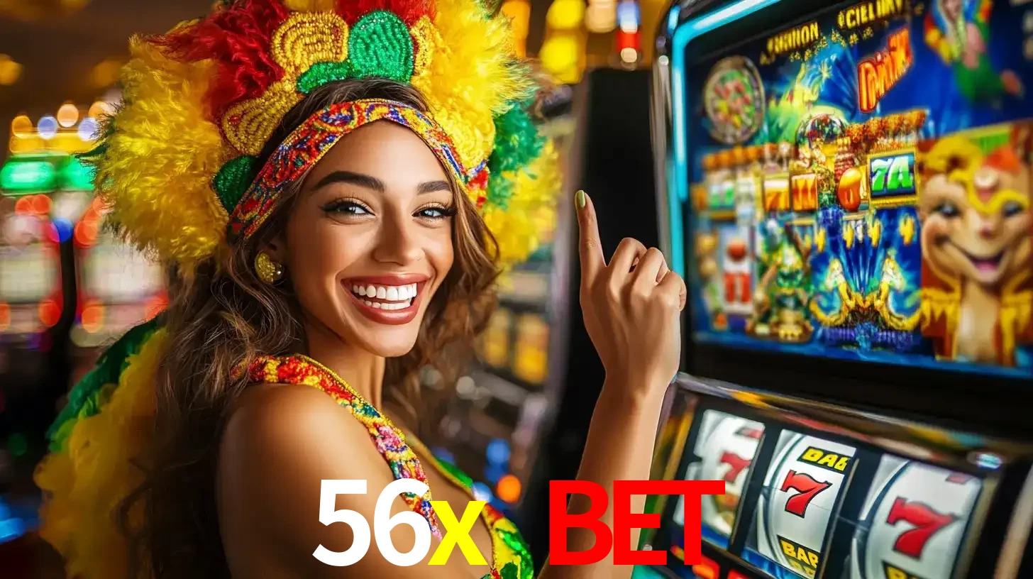 Mulher animada com um cocar de carnaval apontando para uma máquina de caça-níqueis, mostrando a emoção de ganhar um grande prêmio nos jogos do 56x bet.