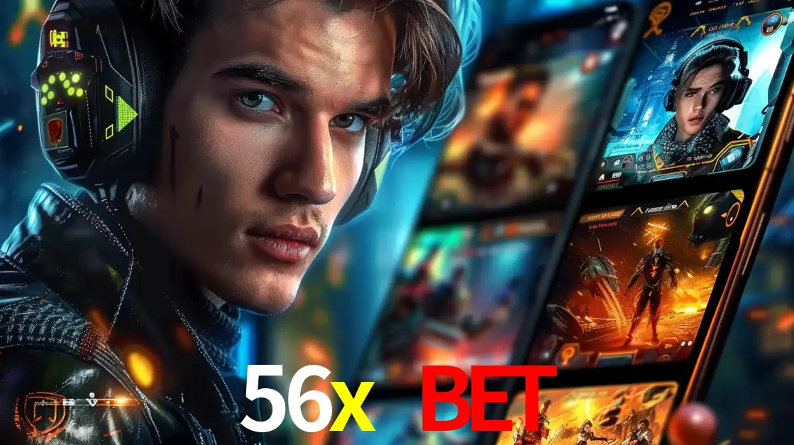 Jovem jogador com fones de ouvido olhando para a câmera, com um aplicativo de jogos e e-sports para celular ao fundo, pronto para a competição e apostas no 56x bet.