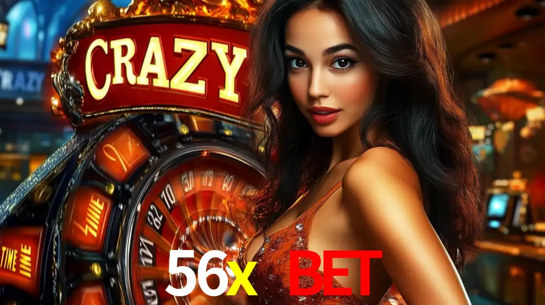 Mulher glamourosa olhando para a câmera com a roda vermelha do Crazy Time ao fundo em um ambiente de cassino, destacando a emoção dos jogos ao vivo no 56x bet.