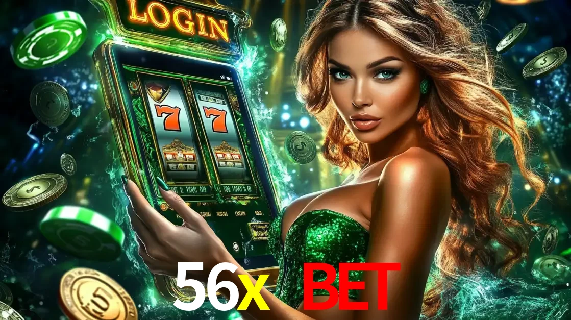 Mulher com tema verde apresentando o aplicativo do cassino 56x bet com um jogo de slot de 777, cercada por fichas de cassino e uma aura de sorte.