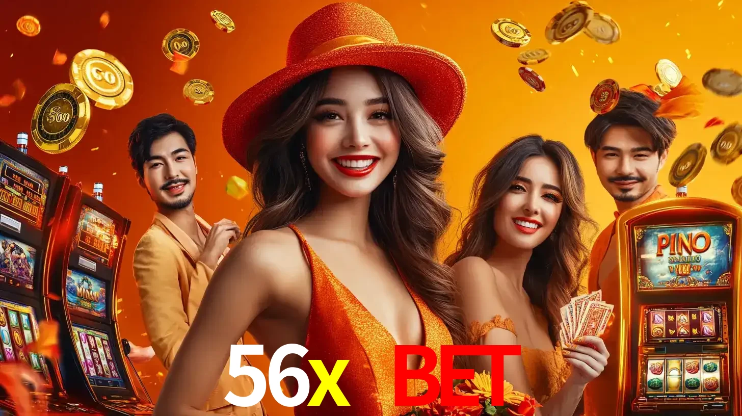 Grupo de amigos asiáticos sorrindo e se divertindo com máquinas de caça-níqueis em um ambiente festivo, celebrando suas vitórias nos jogos de cassino do 56x bet.