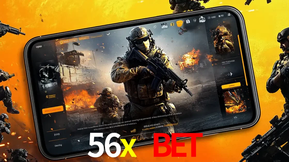 Um smartphone exibindo a interface de um jogo de tiro em primeira pessoa, com um soldado em um cenário de batalha, representando a ação dos e-sports para apostar no 56x bet.