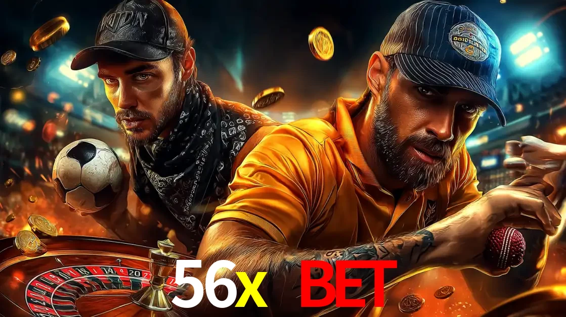Montagem de apostas esportivas e cassino no 56x bet, com um homem segurando uma bola de futebol e outro uma de beisebol sobre uma roleta e moedas voadoras.