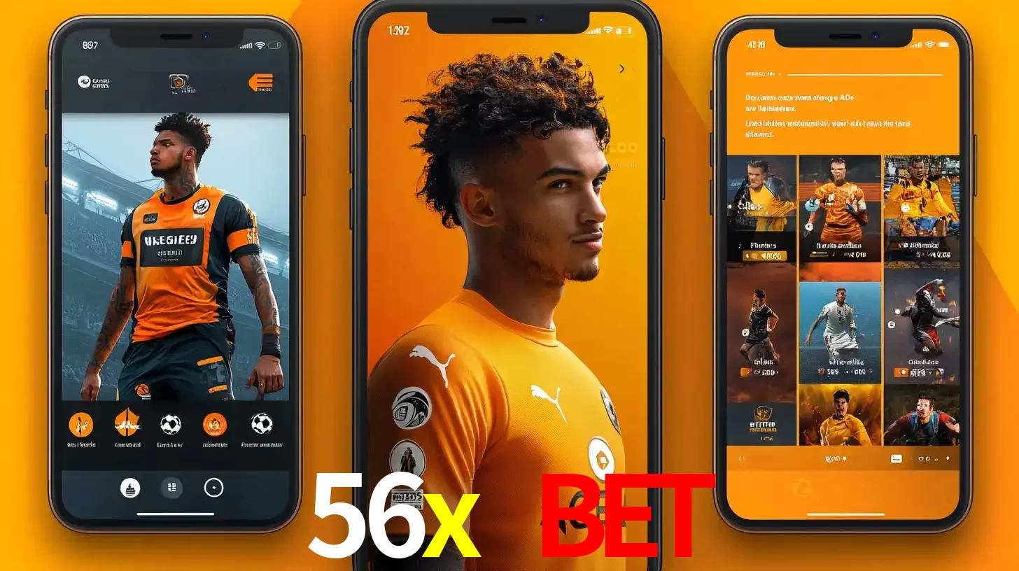Interface do aplicativo de apostas esportivas 56x bet em três telas de celular, mostrando o perfil de um jogador de futebol e a lista de jogos disponíveis para apostar.
