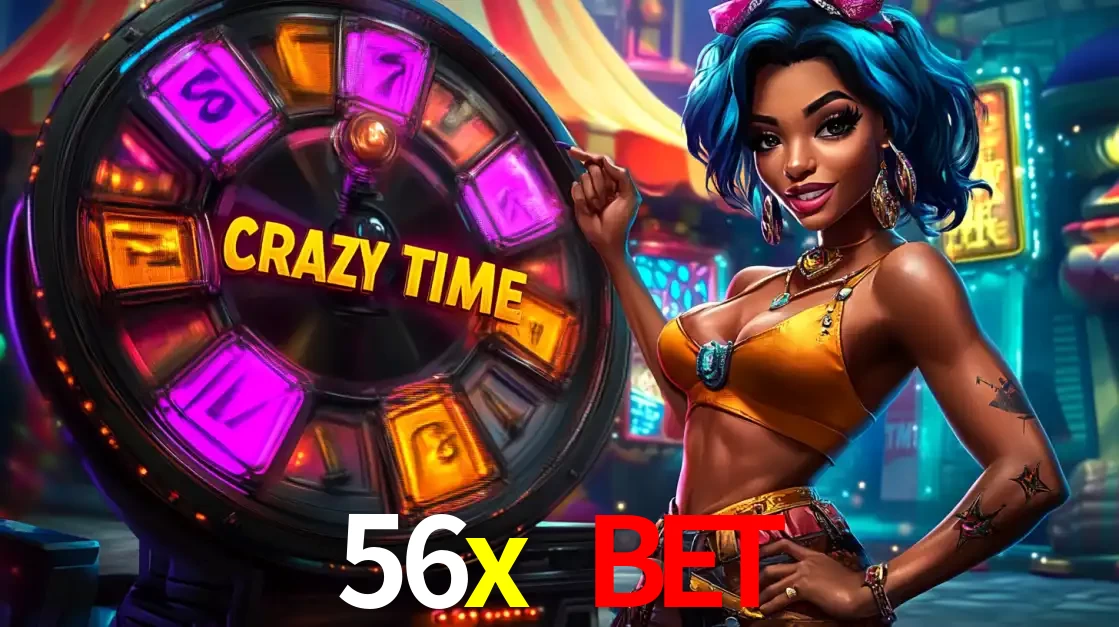 Mulher estilizada com cabelo azul e visual vibrante posando ao lado da roda de prêmios do game show Crazy Time, convidando para a diversão e os bônus do cassino 56x bet.