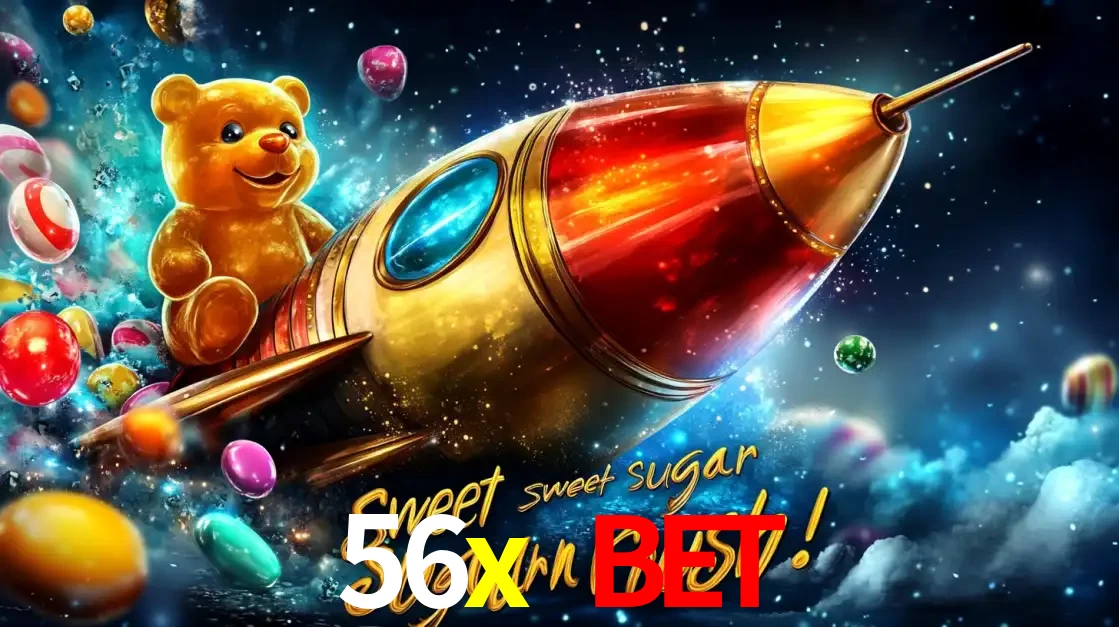Arte promocional do jogo de slot Sugar Rush, com um urso de pelúcia em um foguete viajando pelo espaço de doces, um dos jogos divertidos disponíveis no cassino 56x bet.