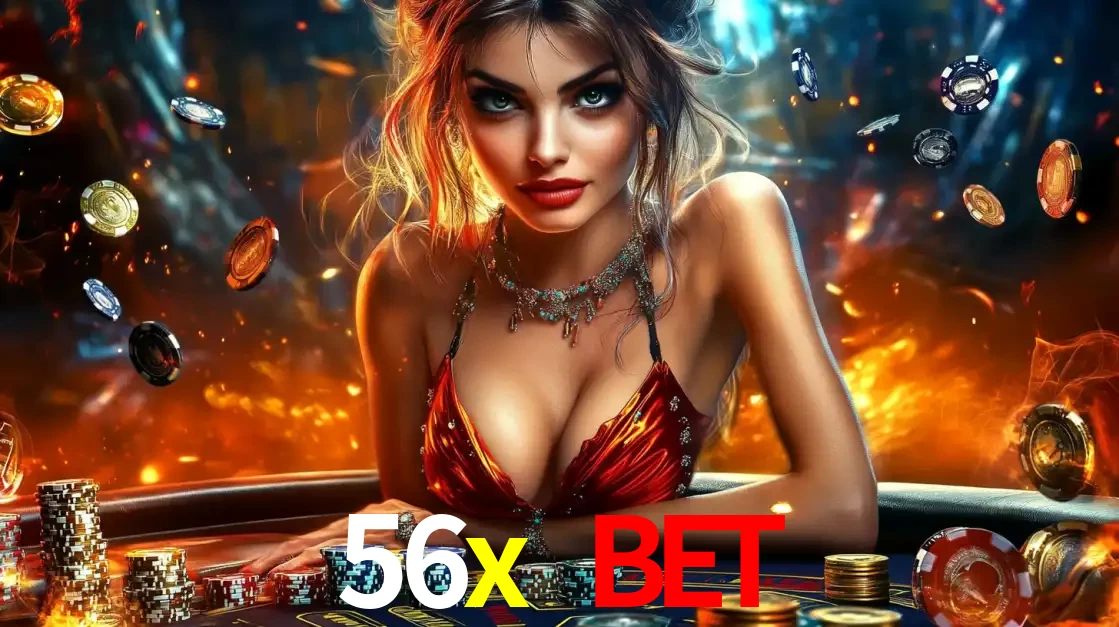 Mulher em uma mesa de cassino com pilhas de fichas e um fundo de fogo, pronta para uma rodada de altas apostas nos jogos de mesa emocionantes do cassino 56x bet.