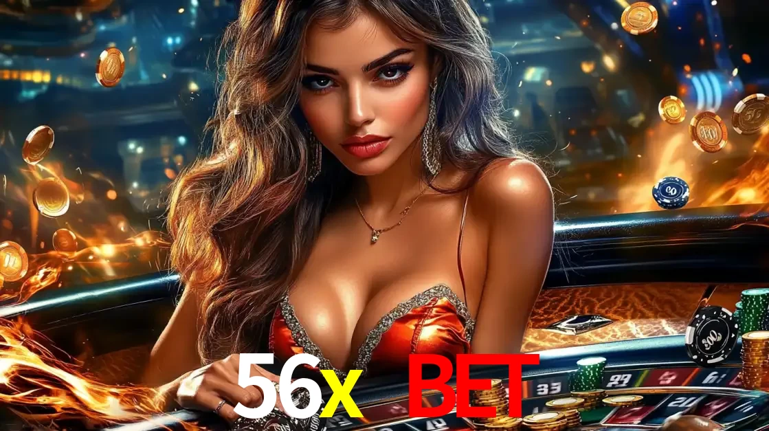 Mulher glamourosa em uma mesa de roleta com um fundo de chamas e moedas voadoras, pronta para fazer sua aposta e ganhar grandes prêmios no cassino ao vivo 56x bet.