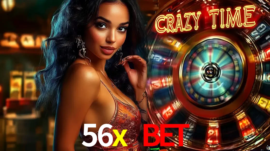 Mulher elegante ao lado da vibrante roda da fortuna do jogo de cassino ao vivo Crazy Time, um dos game shows mais populares e cheios de prêmios do 56x bet.