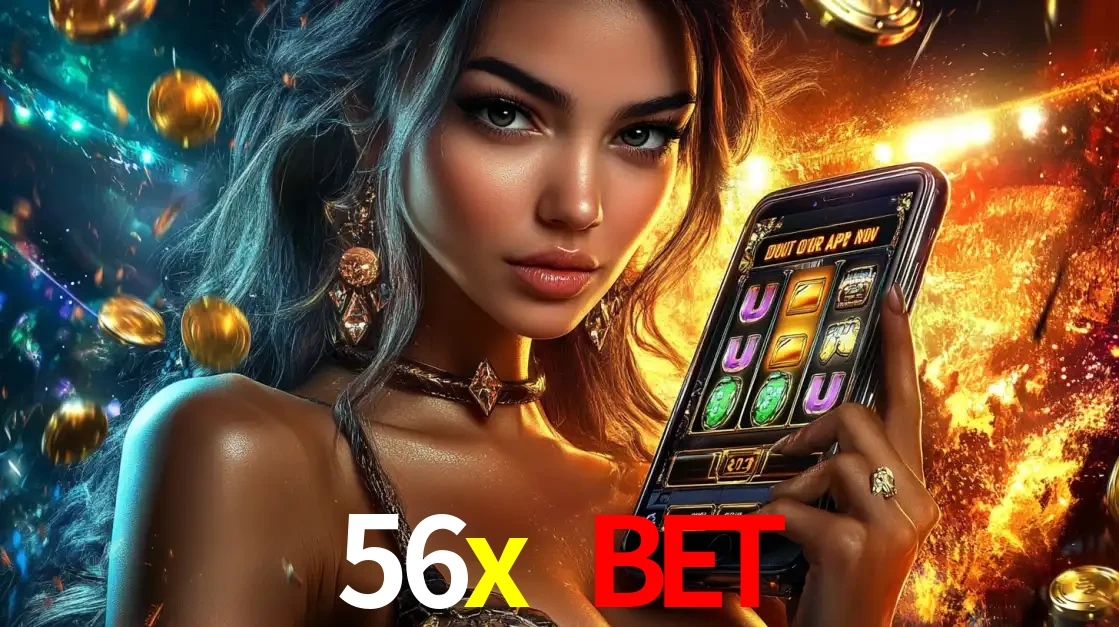 Mulher elegante mostrando um jogo de caça-níqueis em seu smartphone, destacando a experiência de cassino móvel oferecida pelo aplicativo 56x bet.