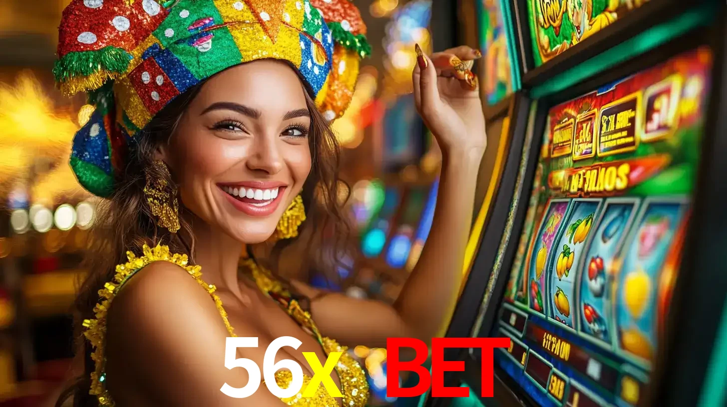 Mulher feliz com traje de carnaval amarelo e colorido ao lado de uma máquina de caça-níqueis, aproveitando a diversão e os jogos temáticos do cassino 56x bet.