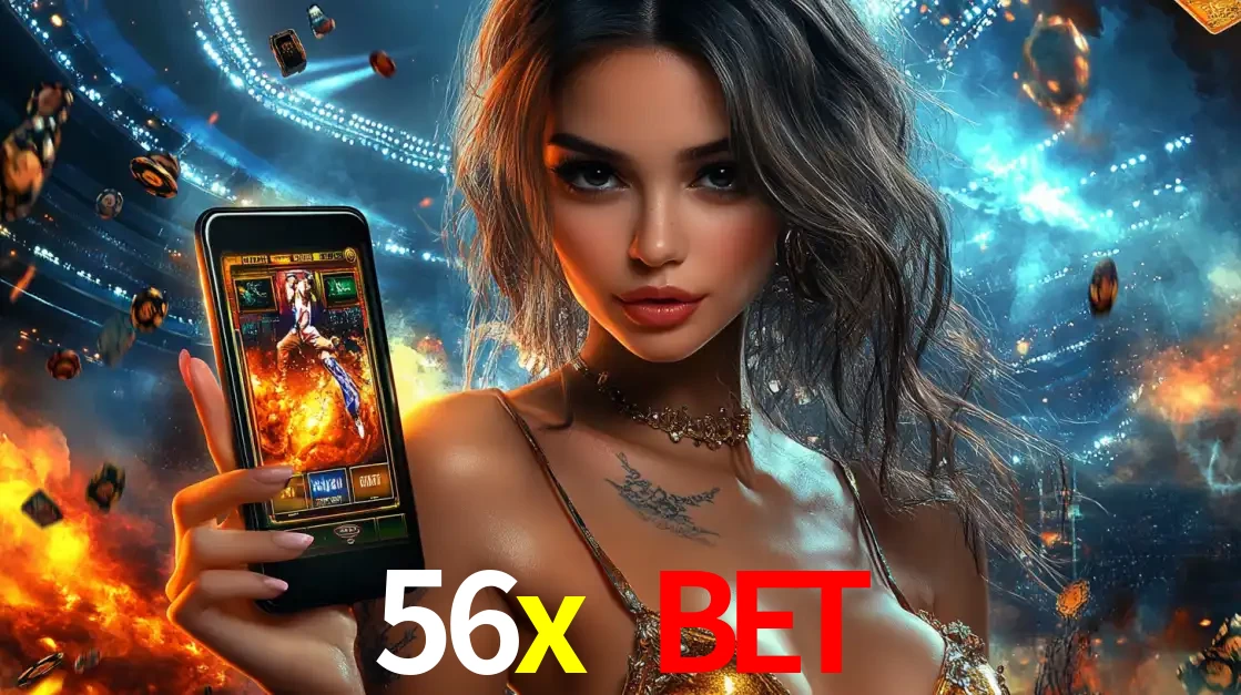 Mulher segurando um celular com um jogo de slot em destaque, tendo como fundo um estádio vibrante, simbolizando a emoção de jogar no cassino móvel 56x bet.