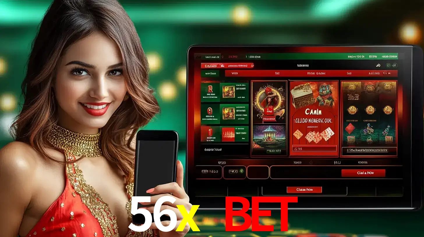 Mulher sorridente segurando um smartphone, ao lado de uma tela exibindo o lobby de jogos do cassino online 56x bet, com várias opções de jogos de cartas e slots.